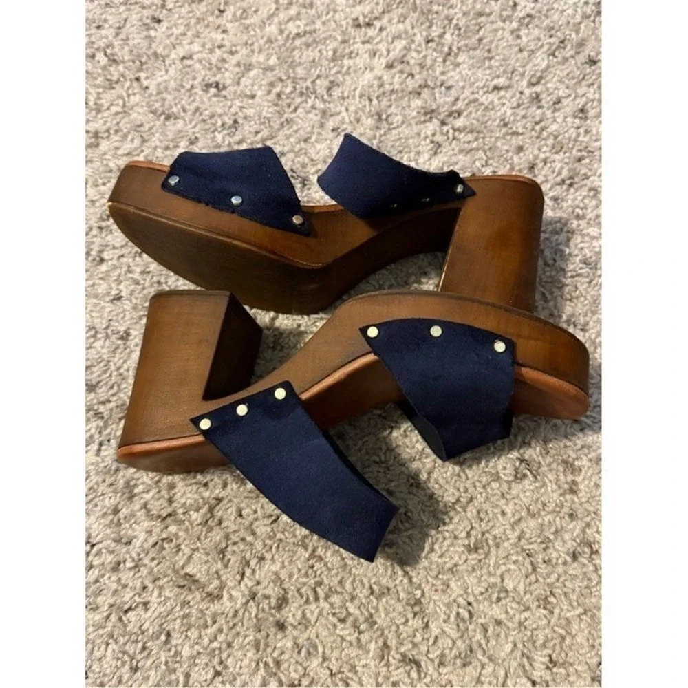 Navy Blue Suede Wooden Platform Slide Sandals Studded Block Heel Retro 70s Style